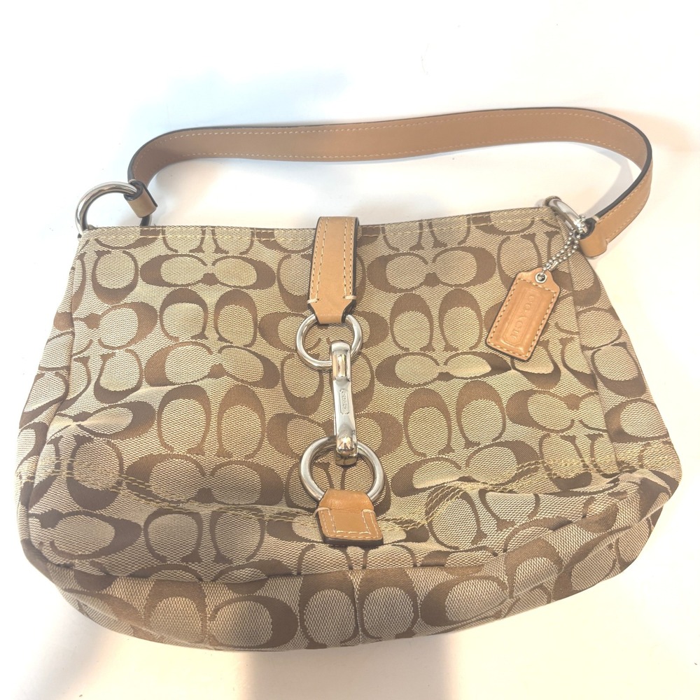 Coach Signature Heritage Stripe Satchel Gold Khaki Monogram Bag F13067